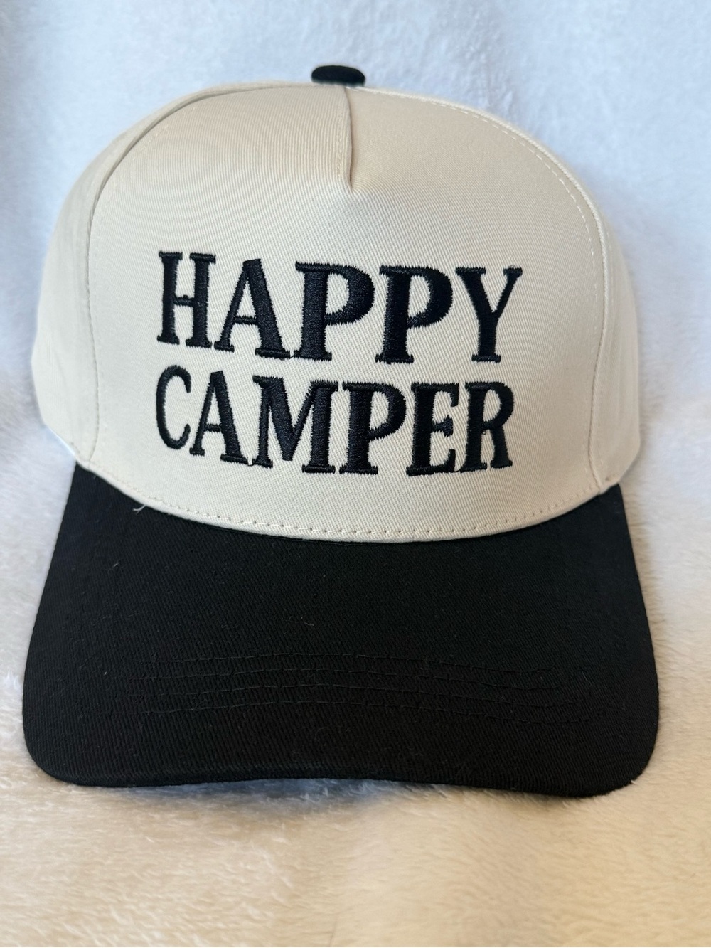 Happy Camper Two-Tone Trucker Hat - Black & Cream